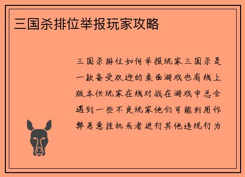 三国杀排位举报玩家攻略
